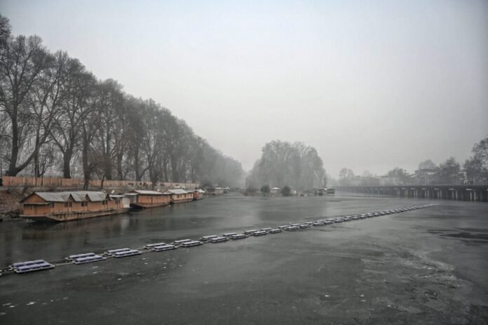 Srinagar winter landscape with frost-covered trees